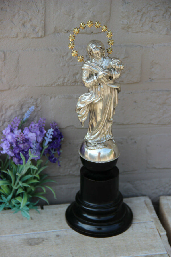 Antique Religious Silver MAdonna Statue figurine on wood base rare