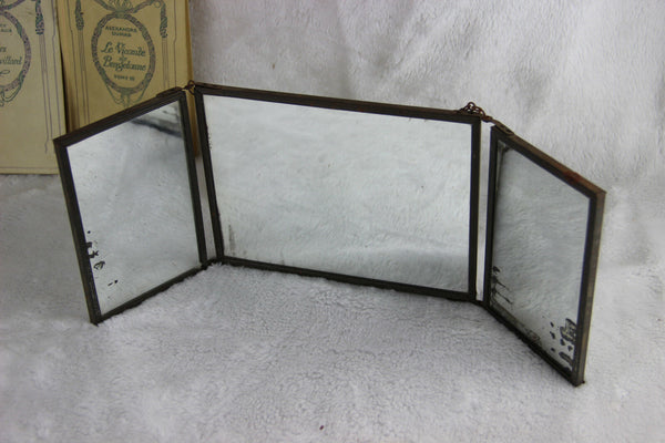 Antique French 1900 Barber mirror tryptich open/fold system chromos hunt dogs