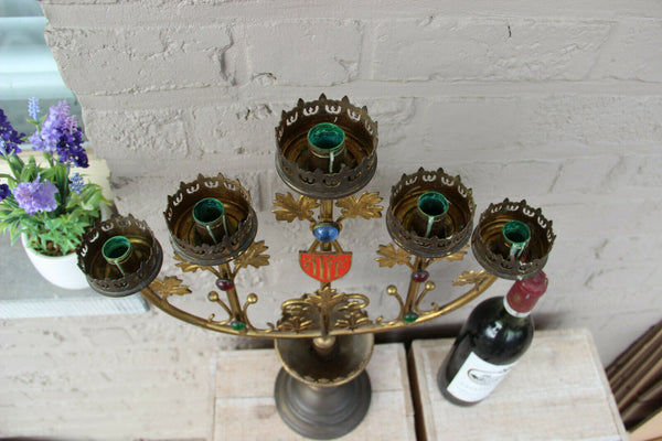 Antique French Religious copper altar candelabra candle holder stones