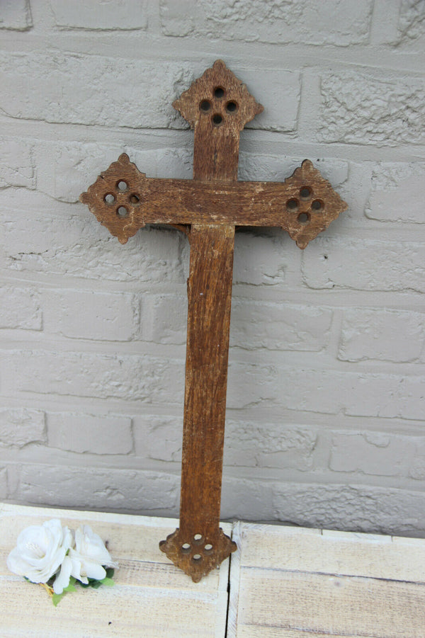 Antique French Neo gothic wood carved wall crucifix cross Religious