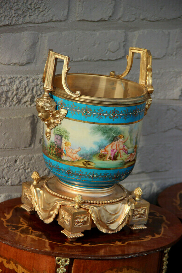 French sevres porcelain putti angel romantic bronze frame jardiniere planter n2