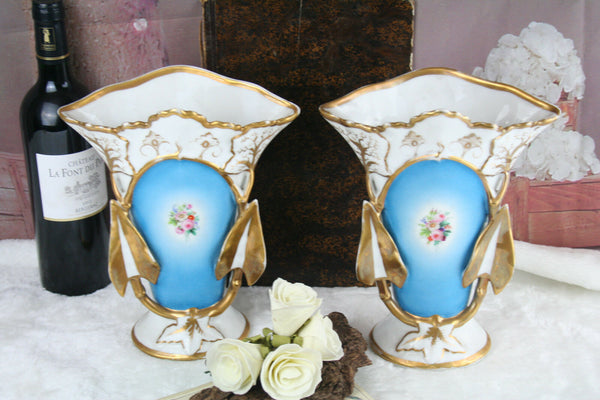 PAIR french vieux paris porcelain Vases floral decor louis-philippe cornet 1900