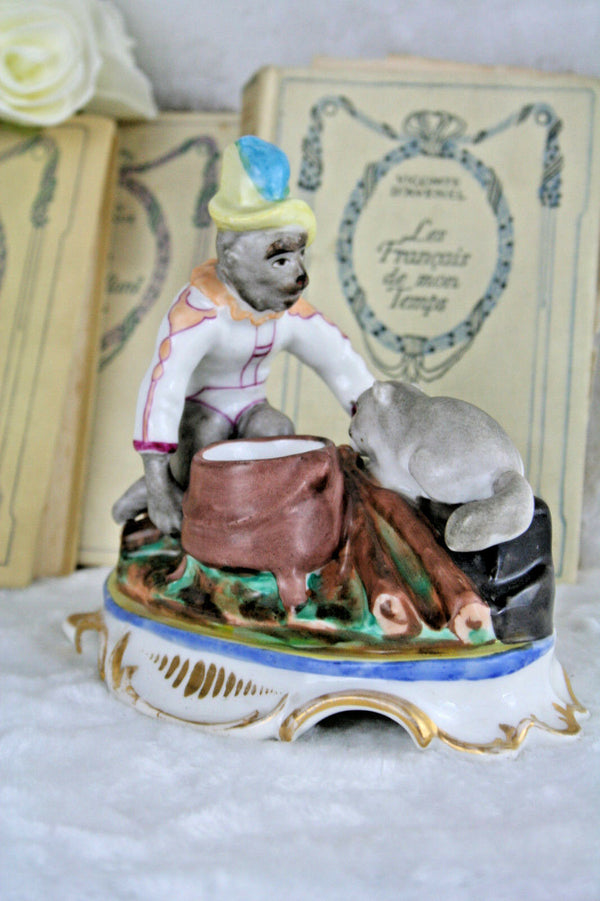 Unusual Paris Porcelain Inkstand inkwell monkey cat   FRANCE 19th c petit