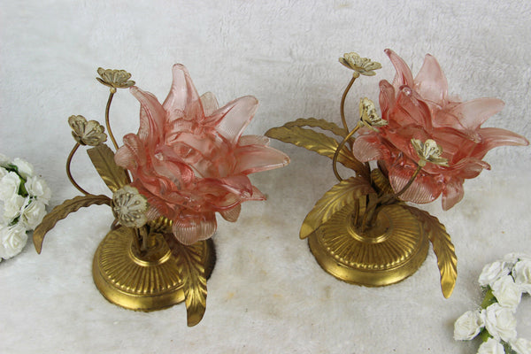 PAIR hollywood regency  wall lights sconces metal pink glass attr maison jansen