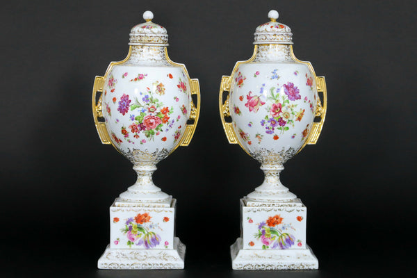 PAIR European marked porcelain Lidded Vases victorian scene floral