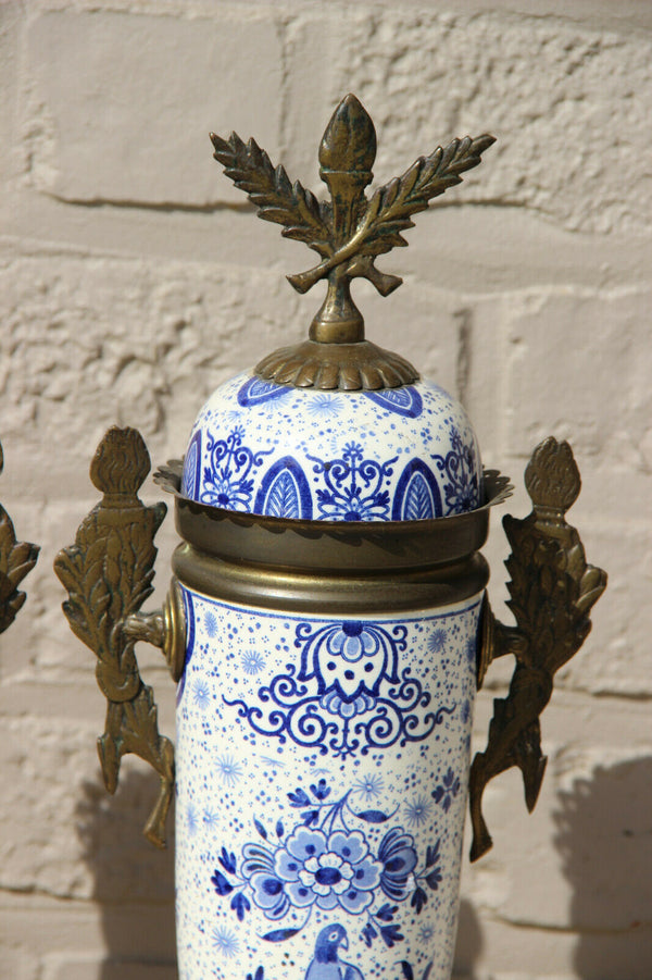 PAIR antique Delft blue white pottery bird floral decor Vases urns