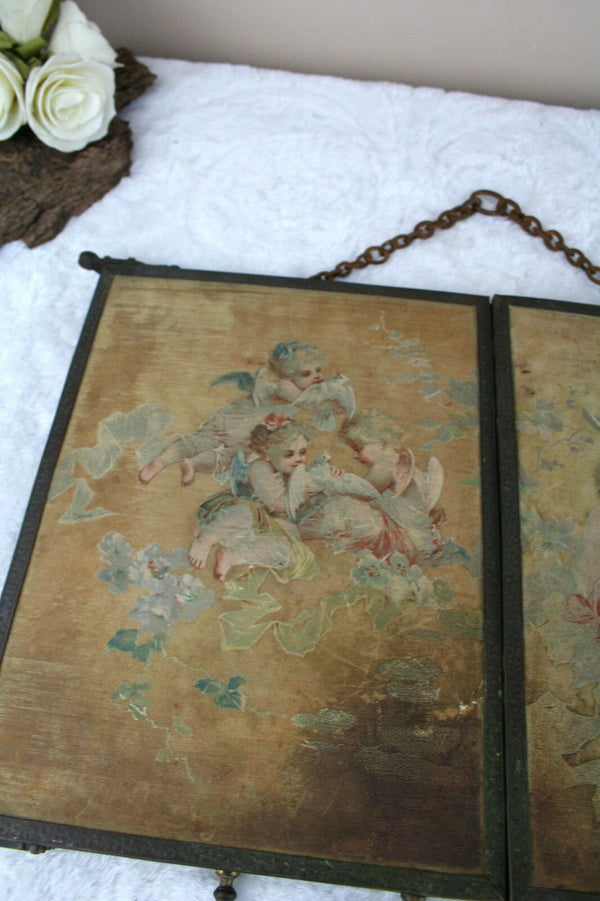Gorgeous Rare antique French barber triptych mirror chromo on silk putti angels
