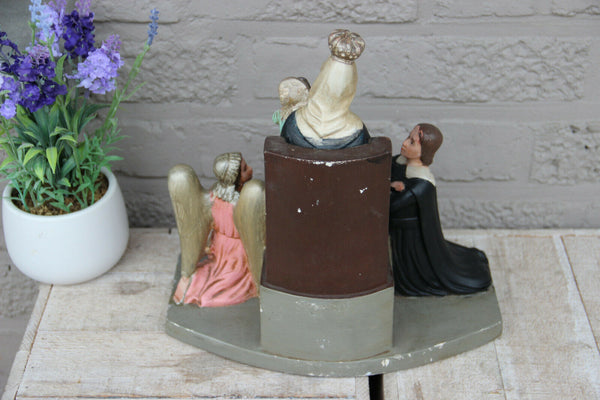 Rare French Antique religious chalkware Statue group regina cordium mary queen