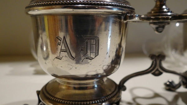 Antique XIX English silver metal crystal glass engraved oil vinegar cruet stand
