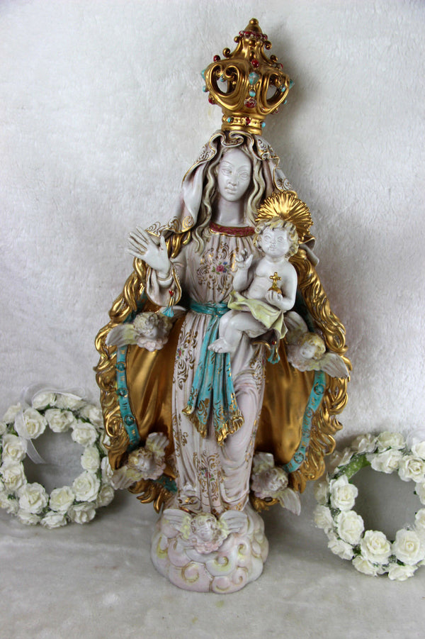 Stunning XL Pattarino School terracotta polychrome Madonna child italian angels