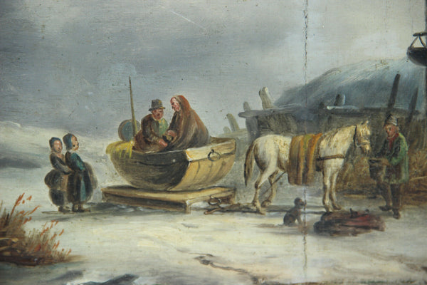 Antique 19thc Holland oil panel painting winter scene horse dog sled
