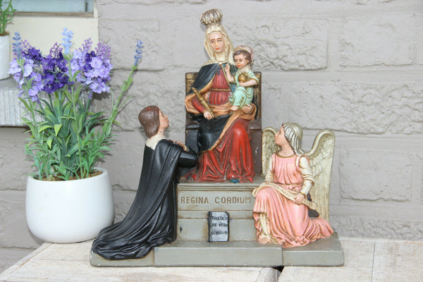 Rare French Antique religious chalkware Statue group regina cordium mary queen