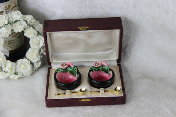 Cute French Vintage Salt pepper Condiment set faience roses in box w spoon 1960