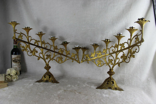 PAIR altar church candelabras candle holders 6 arms 1930 Brass floral religious