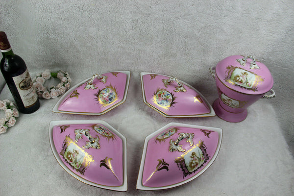 Rare French Porcelain Centerpiece Vase Tray Set putti floral pink limoges marked