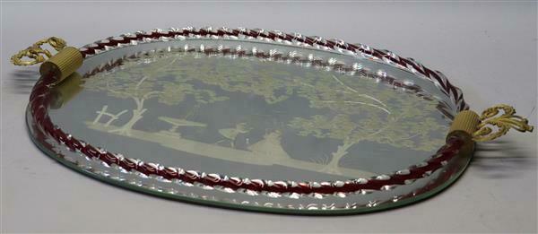 LARGE Venetian Murano Glass romantic Victorian scene Tray red mirror glass