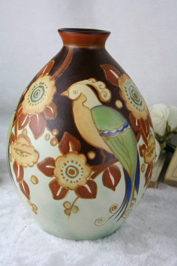 Rare Boch Freres Keramis Catteau Art deco Belgian Vase parrot birds D2781
