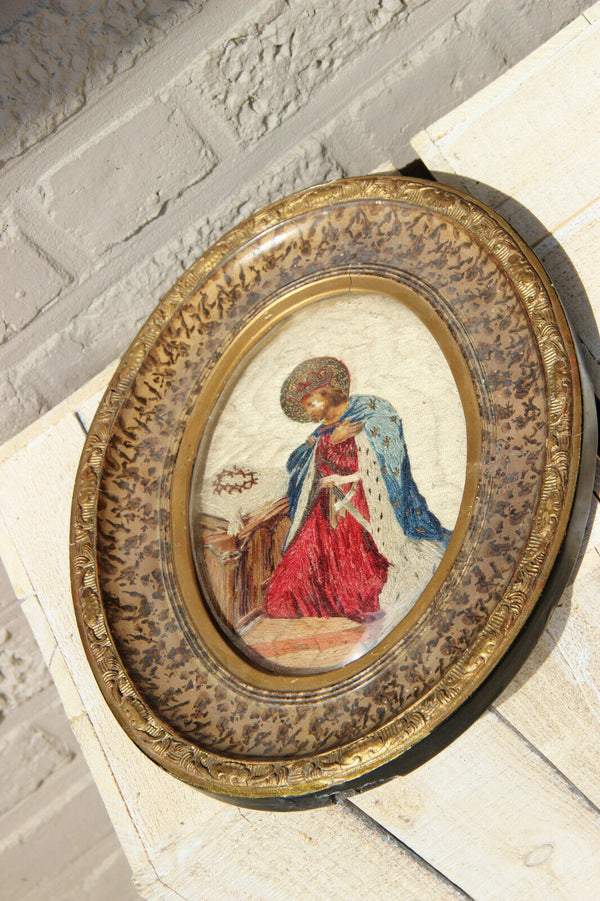 French antique Embroidery Christ Figurine oval frame