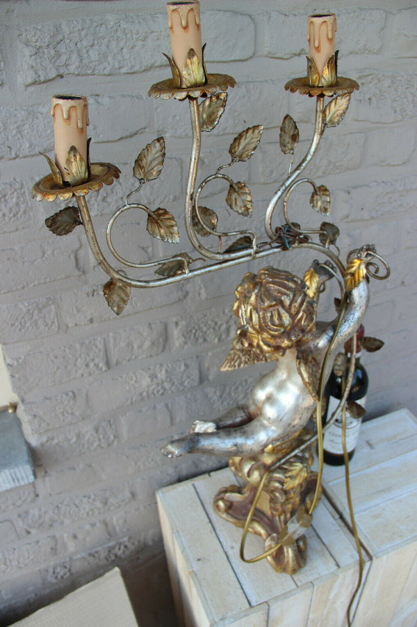 Vintage italian wood carved polychrome Angel putti lamp 1950