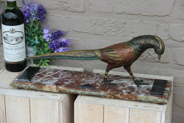 Antique french art deco spelter bronze polychrome paint pheasant bird marble