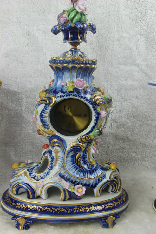 Set French clock vases sevres porcelain relief floral decor