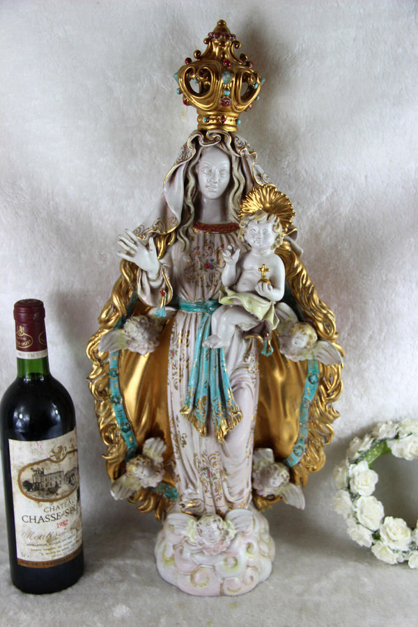 Stunning XL Pattarino School terracotta polychrome Madonna child italian angels