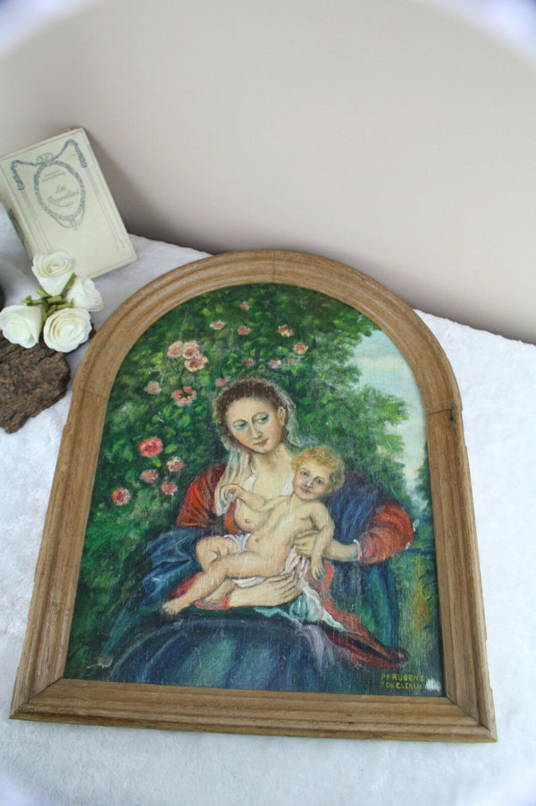 Gorgeous Flemish 60's Religious painting panel madonna child wood plaque