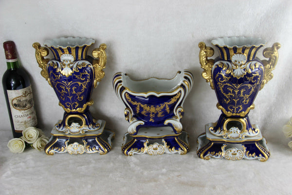 XL French Vases Centerpiece set in Sevres porcelain Floral decor marked 1950's