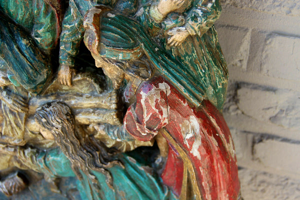 Antique XL 1800s Flemish wood carved gothic religious statue jesus group