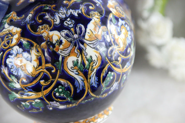 French vintage GIEN porcelain marked Pair Vases Pitchers Putti faun mythological