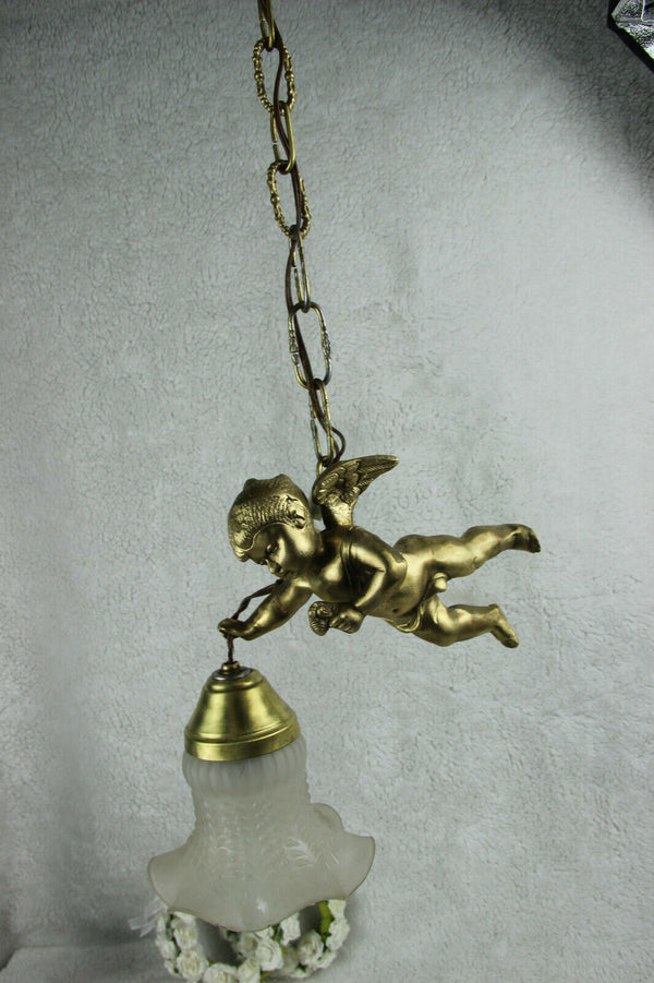French antique putti angel figurine pendant chandelier lamp