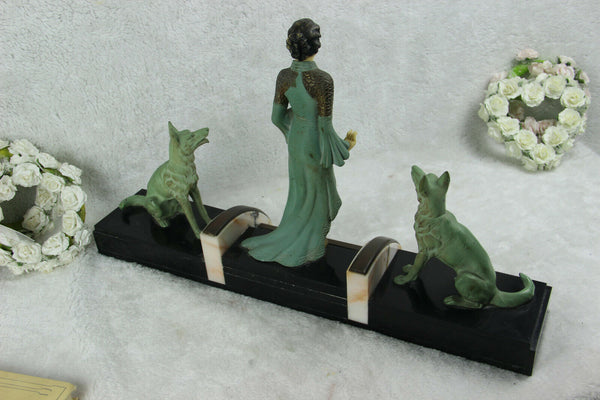 XL antique French art deco 1930 spelter marble lady bird dogs statue signed