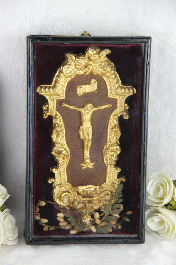 Antique french Napoleon III Crucifix holy font framed glass religious relic