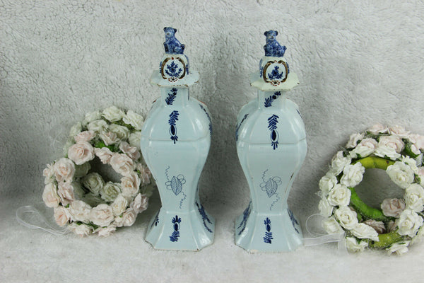 PAIR 18thc antique DELFT pottery chinoiserie foo dog lid vases marked