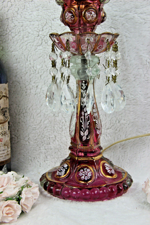 Antique Bohemian Cranberry Glass Girandole lamp crystal glass pendants Rare