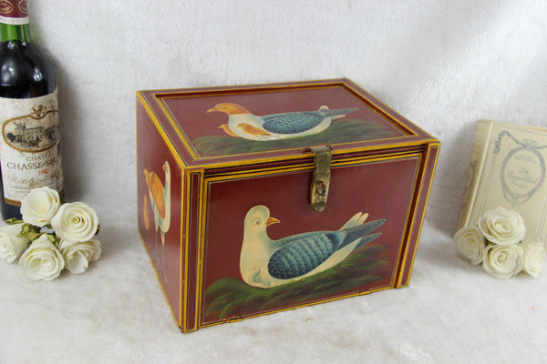 Rare French handmade paint birds Wood carved jewelry Box drawers inside 1970