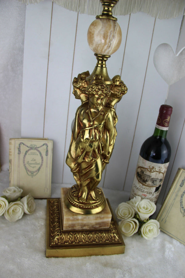 Huge Vintage 1960 French brass onyx Table lamp 3 Graces lady figurines
