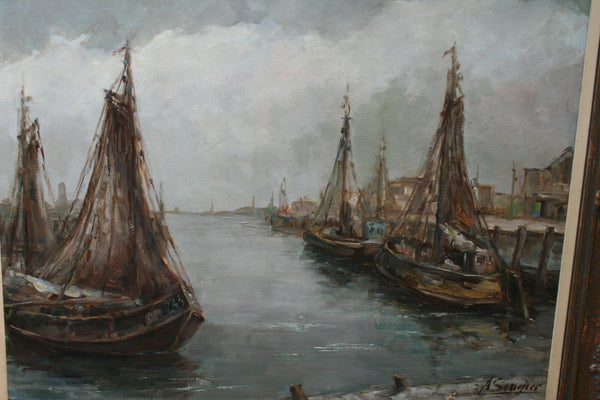 Flemish Master Achille sengier XXL Marine Boats in harbour signed Oil on canvas
