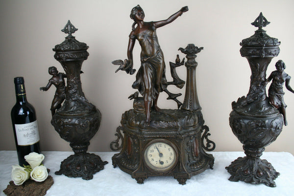 French spelter bronze Clock set Vases urns garniture 1960's art nouveau lady fig