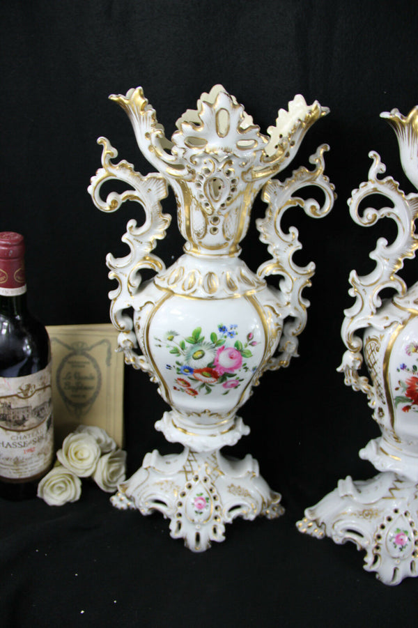 LARGE PAIR VIEUX PARIS  porcelain 1900 French antique VASES floral decor