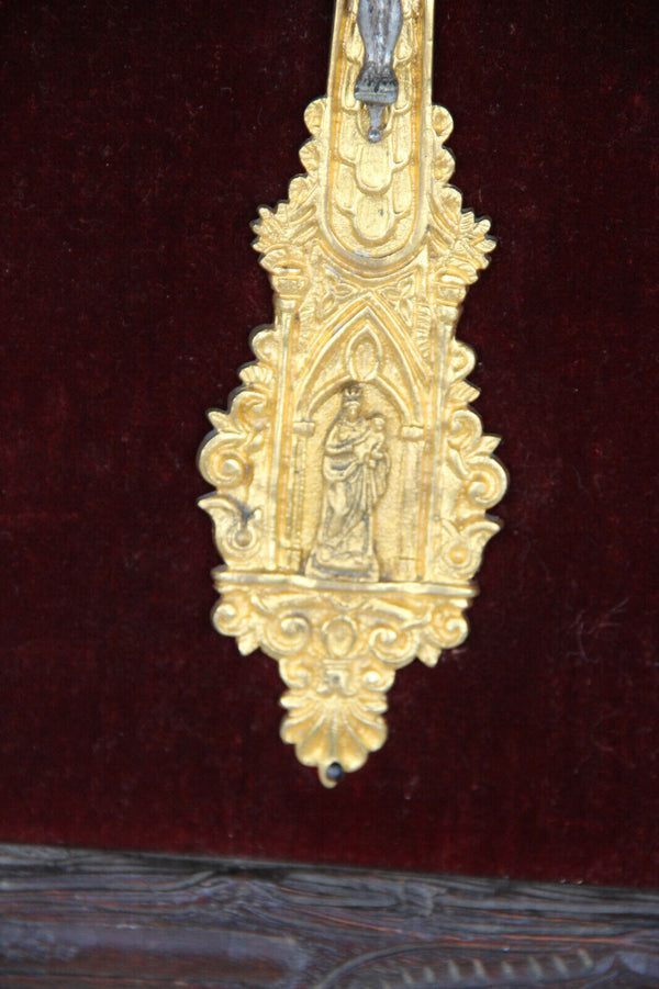 Antique french wood carved frame metal gold gilt crucifix on velvet religious