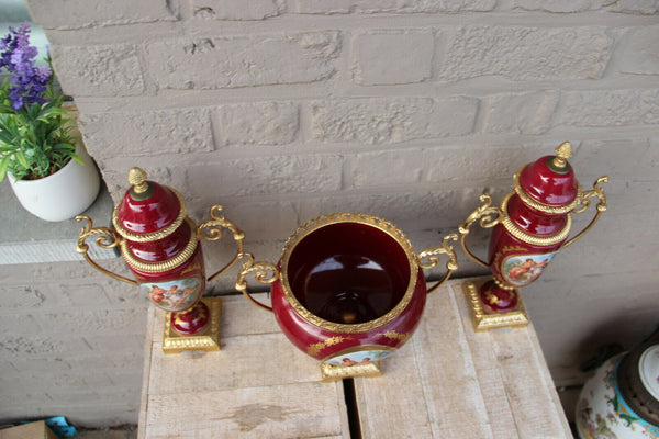 SET French Red porcelain centerpiece Bowl Vases romantic victorian putti scene