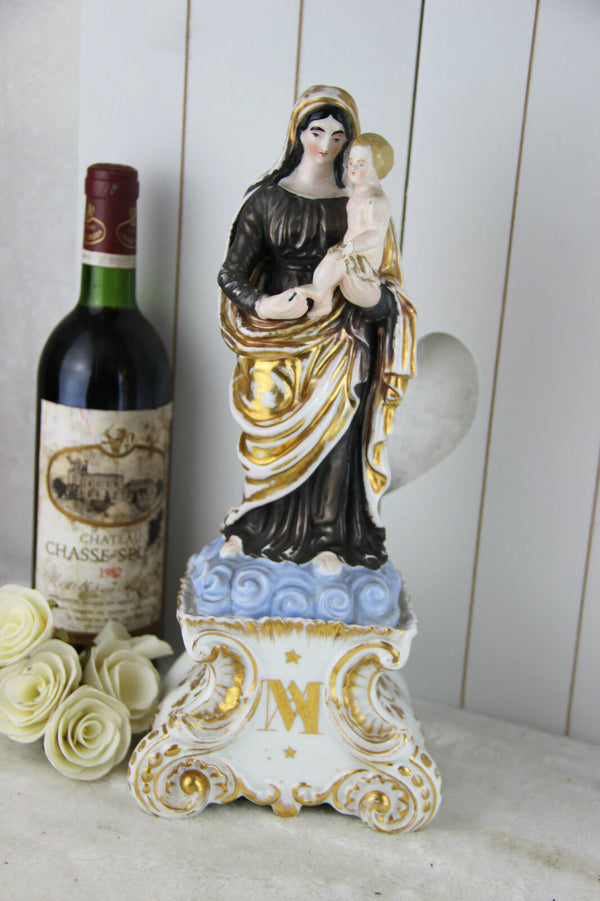 Rare Antique Religious top Vieux paris porcelain madonna MAry Statue figurine
