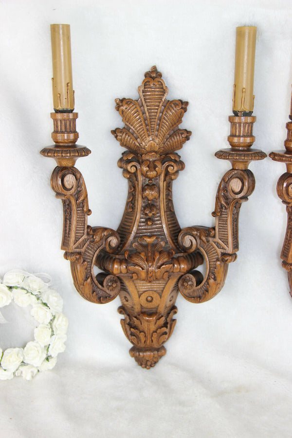 PAIR antique French wood carved wall lights sconces detailed 1920's