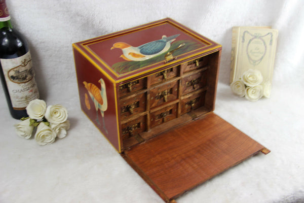 Rare French handmade paint birds Wood carved jewelry Box drawers inside 1970