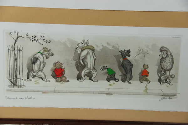 Framed set 2 Boris O Klein hand paint watercolour dog engravings