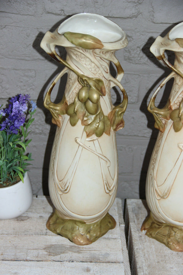 PAIR Art nouveau Royal dux bohemia porcelain enamel fruit vases marked