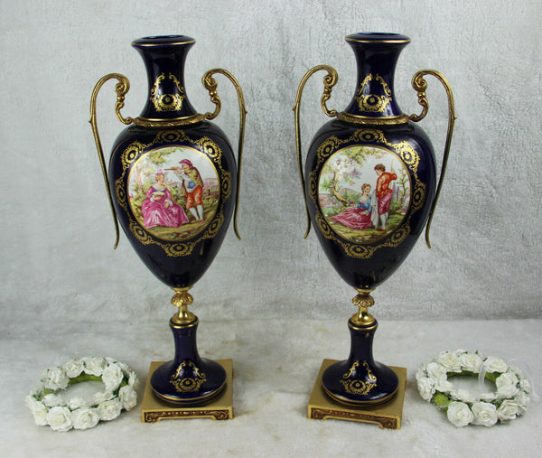 PAIR large French limoges porcelain victorian romantic scene Vases