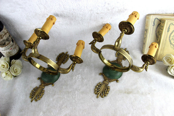 RARE PAIR french vtg brass Empire Swan 3 arm Wall lights sconces 60s