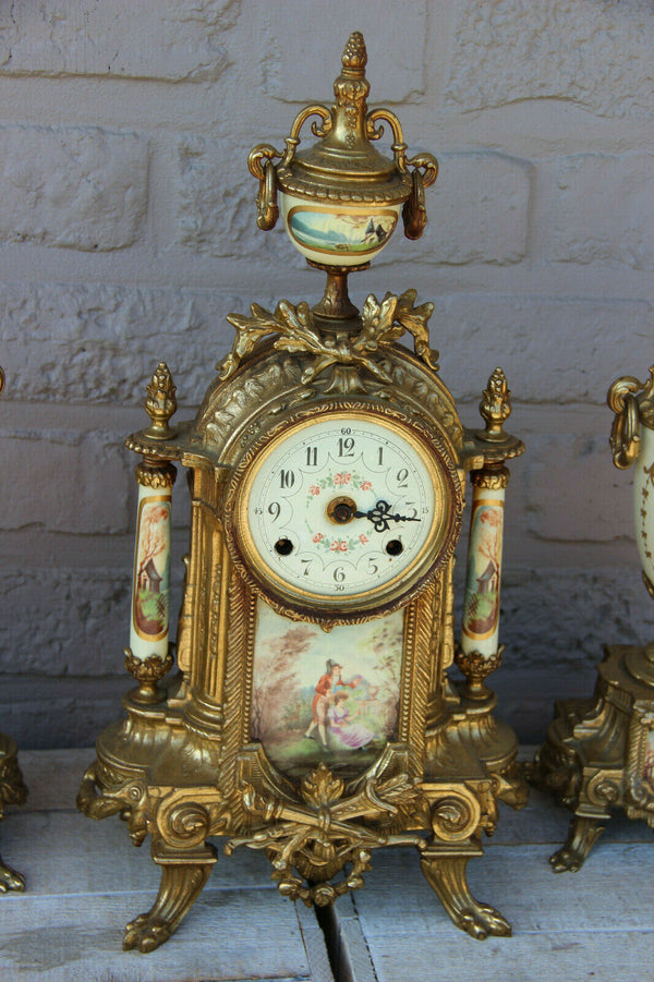 French Porcelain Clock set urns vases victorian romantic scenes